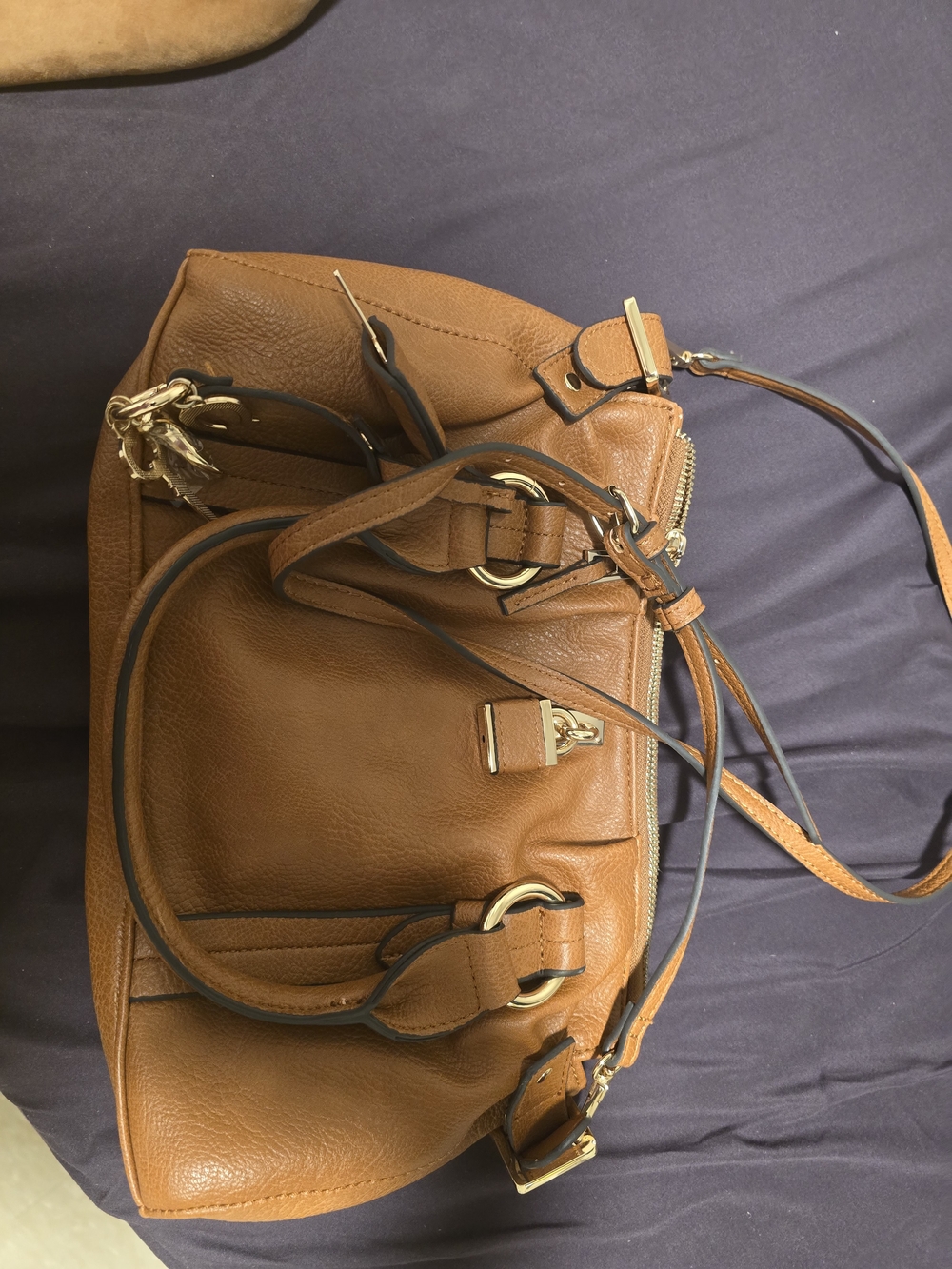 Aldo Cognac Brown Pebbled Satchel with Gold Hardware
